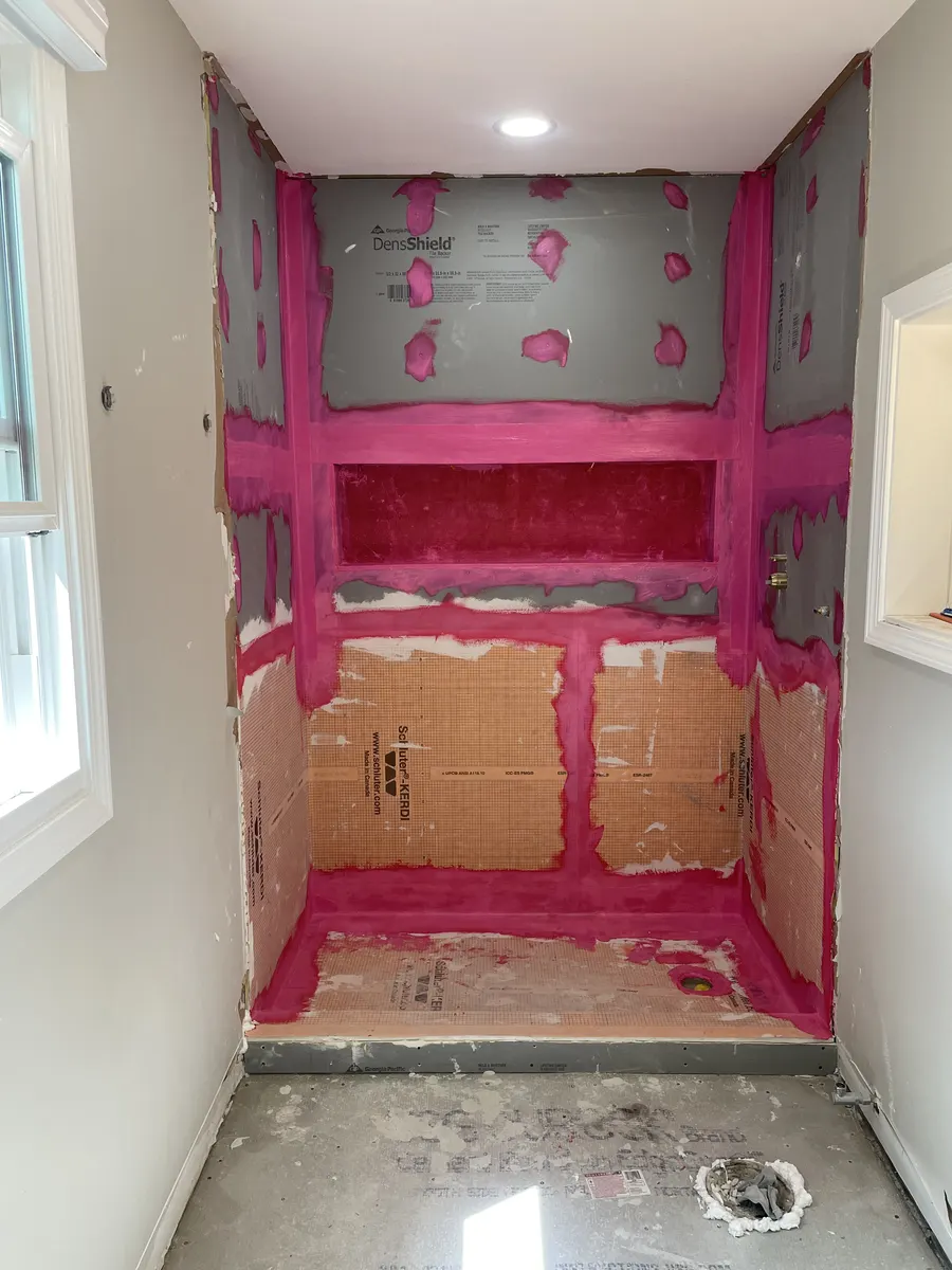 Shower area waterproofing in progress